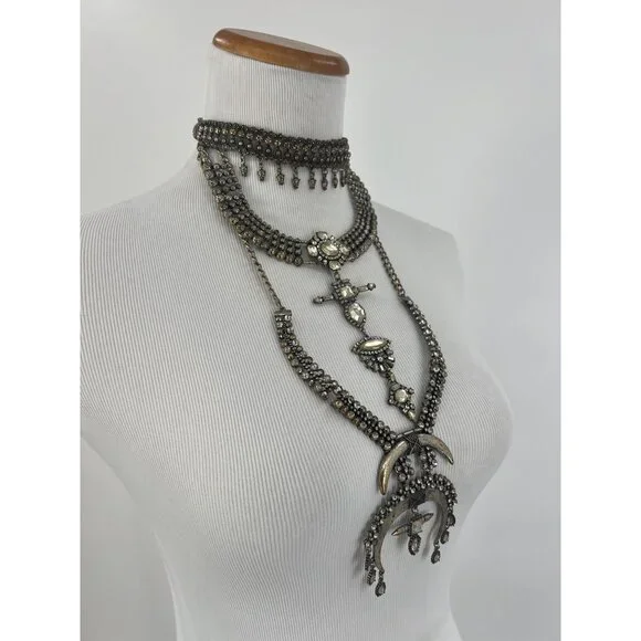 Free People Multilayered Antiqued Silver & Rhinestone Necklace - Picture 14 of 16